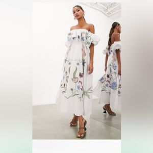 ASOS Edition floral embroidered Bardot puff sleeve midi dress in white